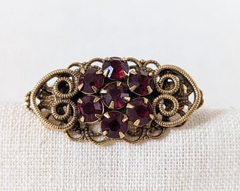 Vintage Red Rhinestone Brooch: Victorian Floral Pin