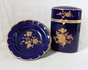 Vintage Limoges Porcelain Box and Ashtray, Floral Cobalt Blue Limoges with Gold Leaf, Rochard Tharaud Limoges France, Limoges Smoking Set