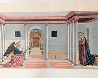 May include: A painting depicting a scene from the Annunciation. An angel with large black wings kneels and gestures towards a woman in a blue robe. The woman is kneeling and praying. The scene is set in a room with columns and a doorway leading to a garden.