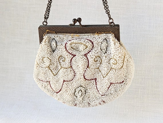 Vintage White Beaded Purse, Ladies Beaded Clutch,… - image 1