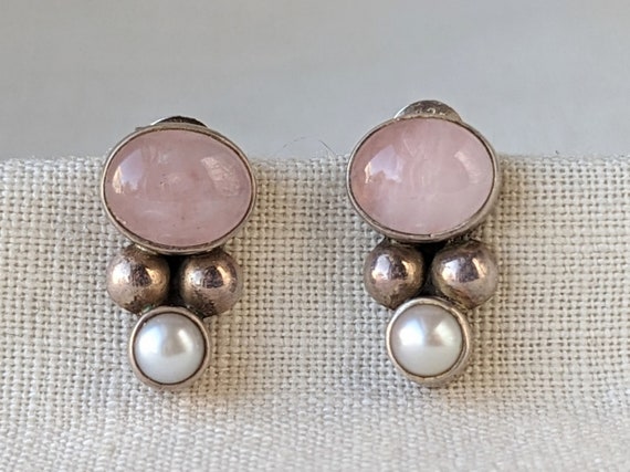 Vintage Sterling Silver Pearl and Rose Quartz Ear… - image 2
