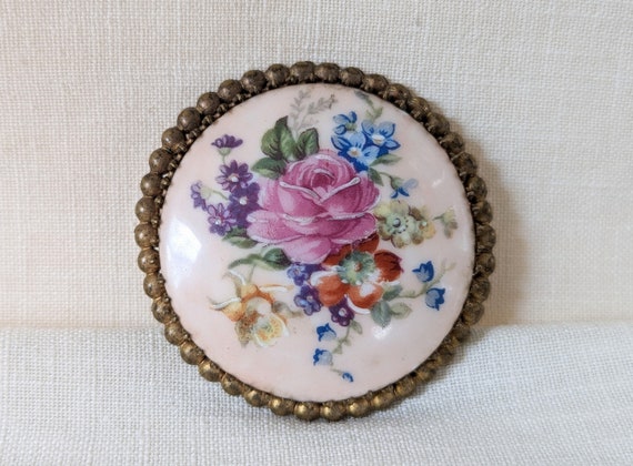 Vintage Floral Limoges Brooch, Ladies Limoges Por… - image 1