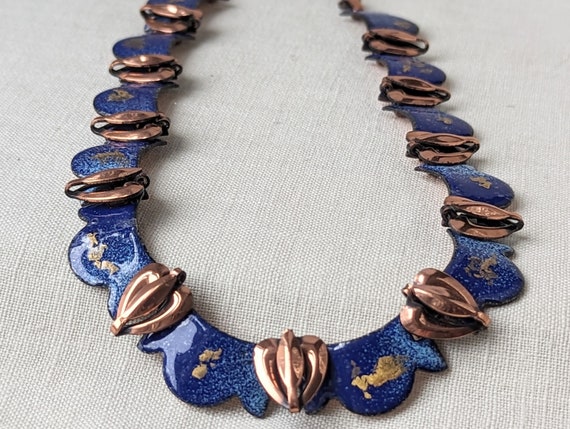 Vintage Copper and Blue Enamel Heart Necklace, St… - image 2