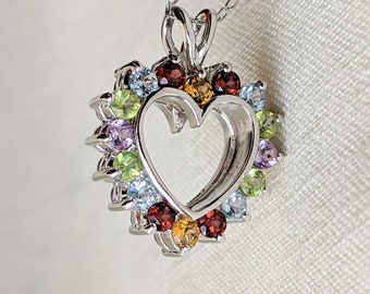 Vintage Sterling Silver Heart Pendant Necklace, Reversible Rhinestone Necklace, Rainbow Heart Pendant, Heart Jewelry, Rainbow Heart Necklace