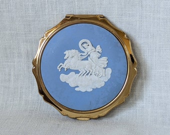Vintage Stratton Compact with Blue Jasperware Wedgwood Top, Pressed Powder Compact with Mirror, Mid Century Compact, 50s Stratton Compact
