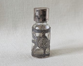 Vintage Mexican Sterling Silver Floral Overlay Glass Perfume Bottle