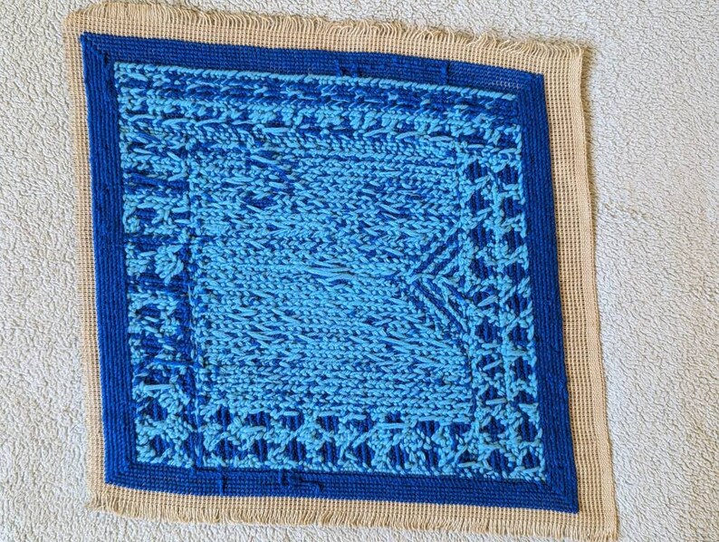 Vintage Blue Geometric Needlepoint Art - 10" x 10" image 6