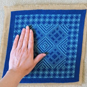 Vintage Blue Geometric Needlepoint Art - 10" x 10" image 3