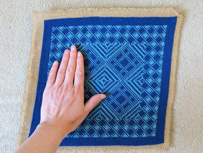 Vintage Blue Geometric Needlepoint Art - 10" x 10" image 3