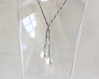 Vintage Sterling Silver Lariat Necklace: Cubic Zirconia & Faux Pearl Cocktail Jewelry