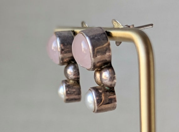 Vintage Sterling Silver Pearl and Rose Quartz Ear… - image 5