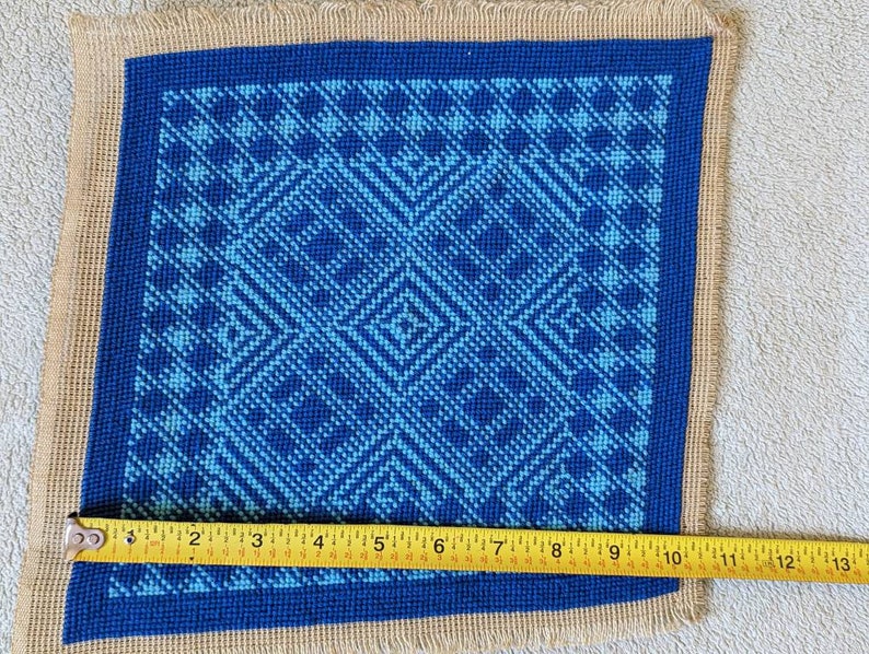 Vintage Blue Geometric Needlepoint Art - 10" x 10" image 5