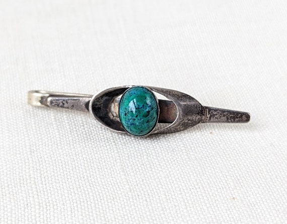 Vintage Sterling Silver Green Stone Bar Tie Clasp… - image 3