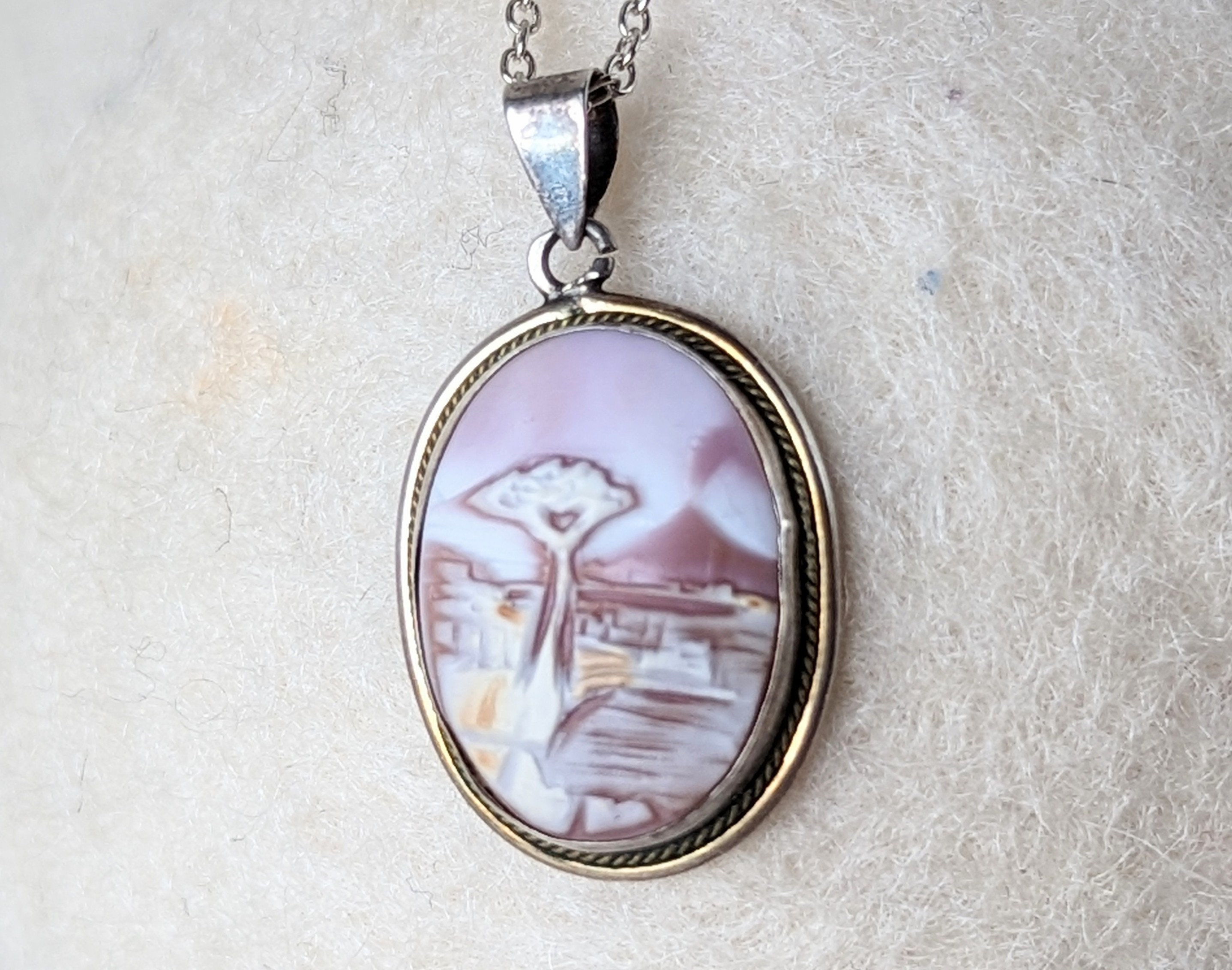 Vintage Sterling Silver and Coral Scenic Carved Cameo
