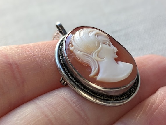 Vintage 800 Silver Cameo Pendant Necklace Brooch … - image 3