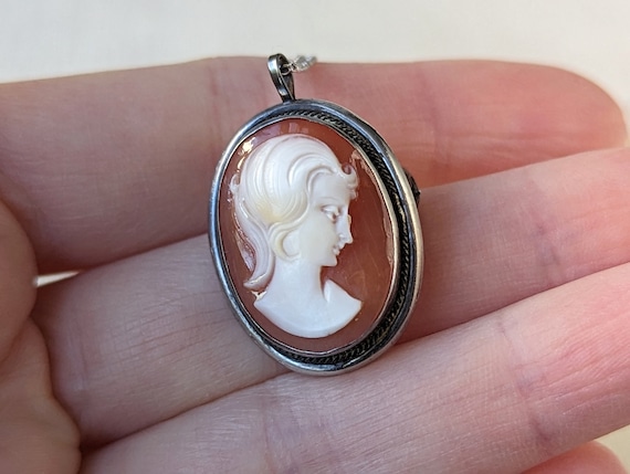 Vintage 800 Silver Cameo Pendant Necklace Brooch … - image 2