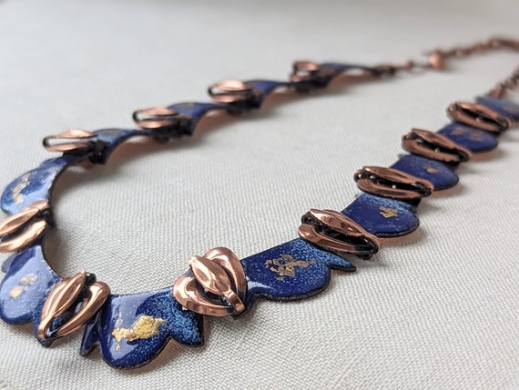 Vintage Copper and Blue Enamel Heart Necklace, St… - image 3