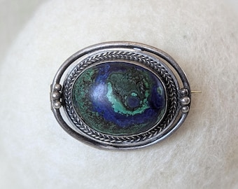 Vintage Southwestern Sterling Silver Azurite Brooch