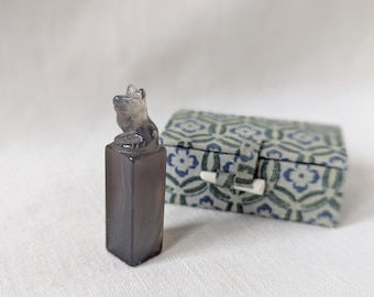 Vintage Chinese Natural Stone Dog Stamp in Original Box, Chinese Office Desk Decor