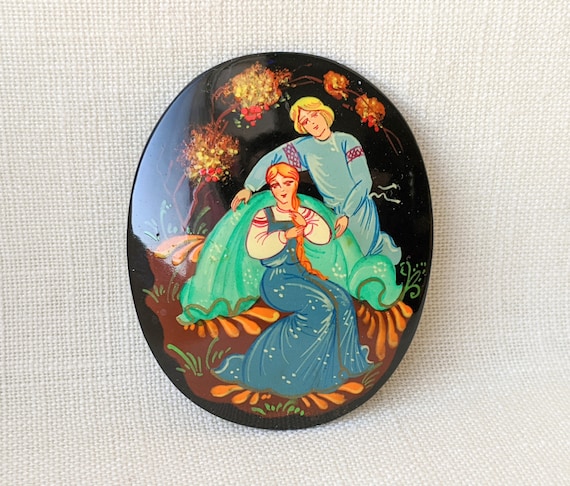 Vintage Russian Lacquer Brooch, Vintage Palekh Br… - image 1