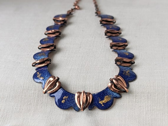 Vintage Copper and Blue Enamel Heart Necklace, St… - image 1