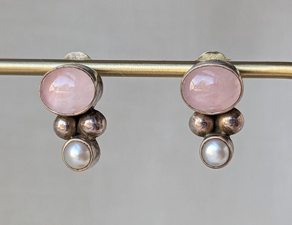 Vintage Sterling Silver Pearl and Rose Quartz Ear… - image 1