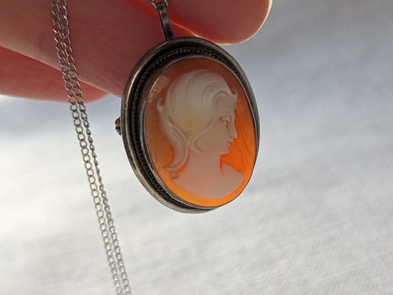 Vintage 800 Silver Cameo Pendant Necklace Brooch … - image 5