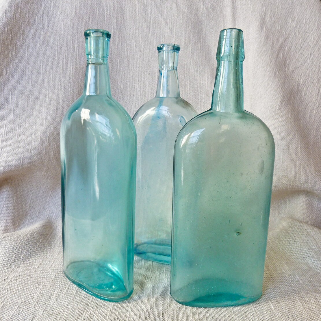 Antique Glass Bottles Lot of 3 Vintage Aqua Flask Bottles Etsy