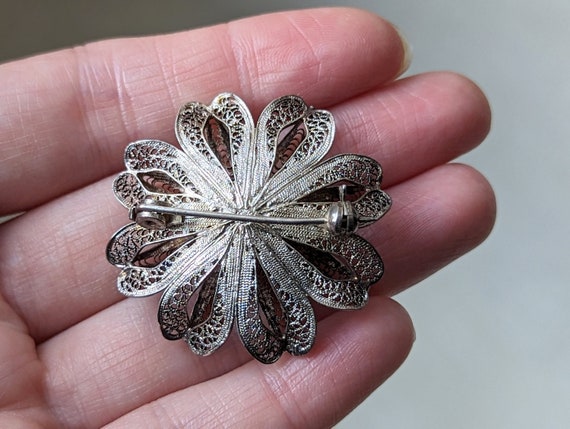 Vintage Sterling Silver Flower Filigree Brooch, S… - image 5