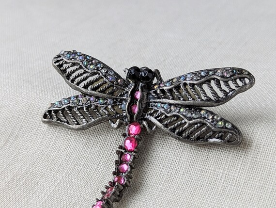 Vintage Dragonfly Brooch with Pink and Iridescent… - image 3