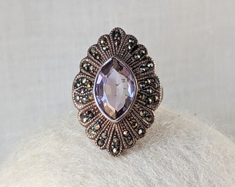 Vintage Sterling Silver Amethyst Marcasite Ring, Size 5 3/4, Vintage Marcasite Jewelry, Large Ring, Statement Jewelry, Cocktail Ring Jewelry