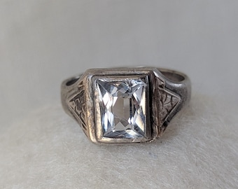 Bague vintage en argent sterling et or 10 carats avec une grande pierre précieuse blanche, taille 10