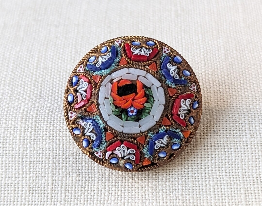 Ancienne Broche Micro Mosaïque Bouquet Floral Monture Laiton