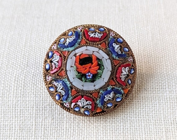 Vintage Micro Mosaic Brooch, Mosaic Flower Brooch… - image 1