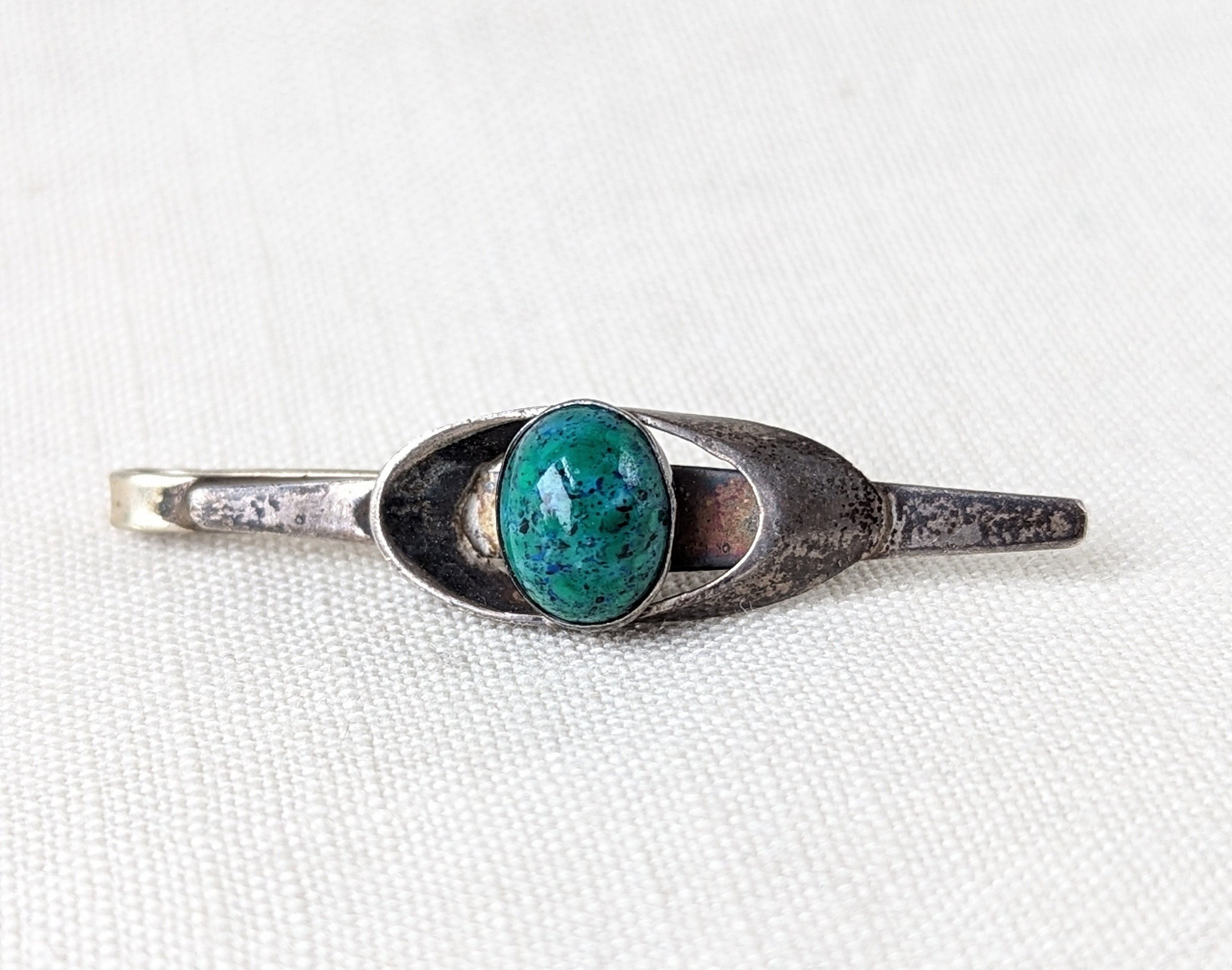 Barre De Cravate Vintage Avec Clip Et Cabochon Noir Facetté - Finition Argentée