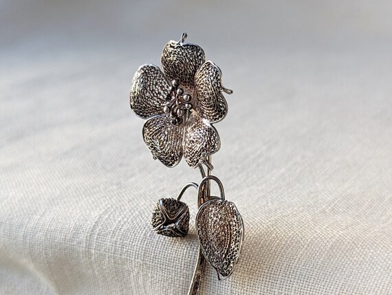 Vintage Filigree Flower Brooch, Sterling Silver F… - image 3