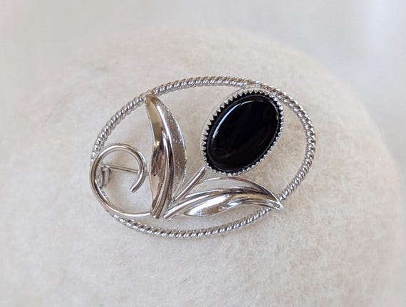 Vintage Sterling Silver Onyx Brooch, Black Jewelry Brooch
