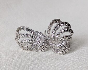 Boucles d'oreilles clips vintage en argent sterling et marcassite, style Art déco, bijoux de mariage étincelants
