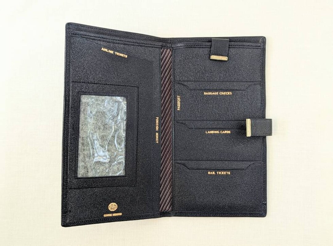 Vintage Travel Wallet, Black Leather Wallet, Passport Holder, Airline