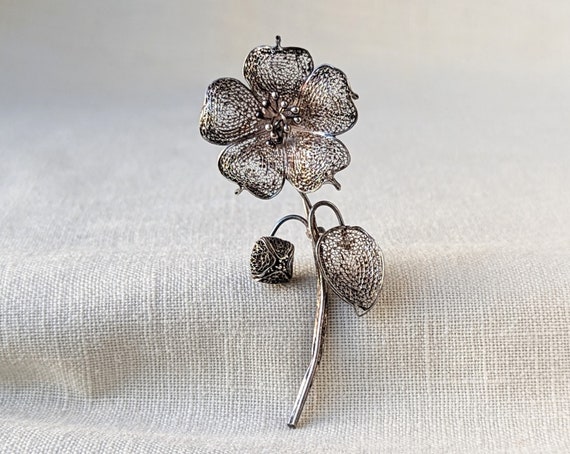 Vintage Filigree Flower Brooch, Sterling Silver F… - image 1