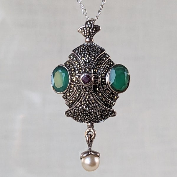 Vintage Sterling Silver Art Deco Marcasite Garnet Pearl Green Gemstone Pendant Necklace, Art Deco Necklace, Gemstone Art Deco Jewelry