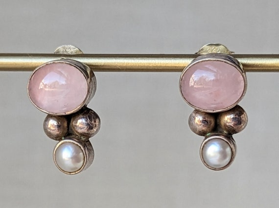 Vintage Sterling Silver Pearl and Rose Quartz Ear… - image 4