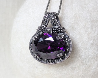 Collier pendentif vintage en argent sterling, marcassite et pierre violette, bijoux violets scintillants