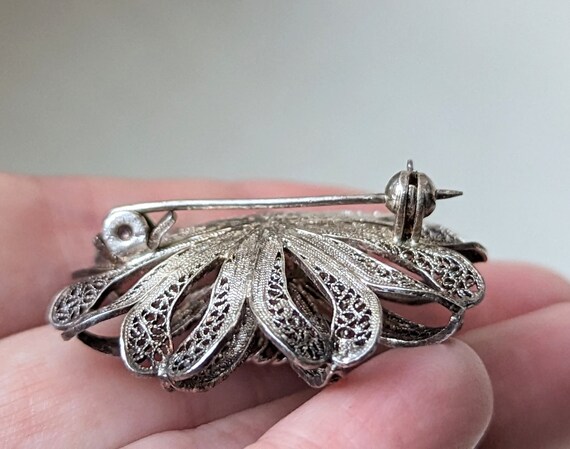 Vintage Sterling Silver Flower Filigree Brooch, S… - image 6