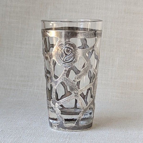 Vintage Taxco Mexico Sterling Silver Floral Roses Overlay Shot Glass, Vintage Mexican Shot Glass, Sterling Silver Overlay, Mid Century Glass