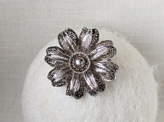 Vintage Sterling Silver Flower Filigree Brooch, S… - image 1