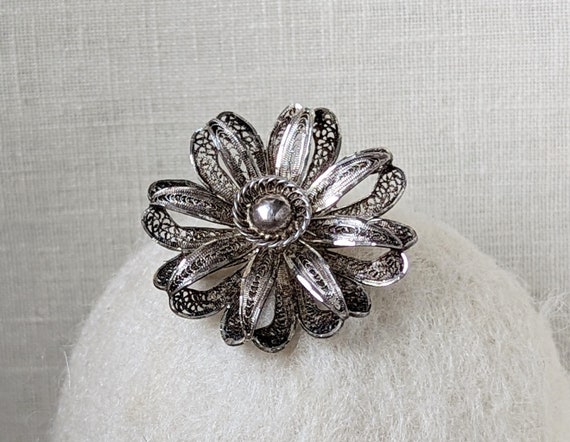 Vintage Sterling Silver Flower Filigree Brooch, S… - image 2