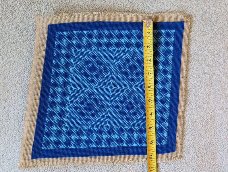 Vintage Blue Geometric Needlepoint Art - 10" x 10" image 4