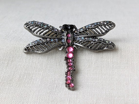 Vintage Dragonfly Brooch with Pink and Iridescent… - image 1
