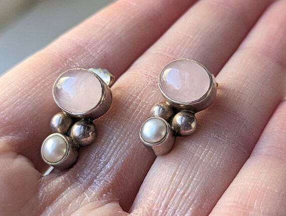 Vintage Sterling Silver Pearl and Rose Quartz Ear… - image 6